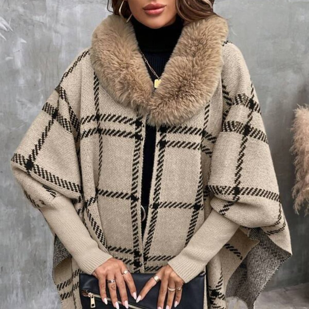Plaid Fuzzy Trim Fringe Hem Cardigan